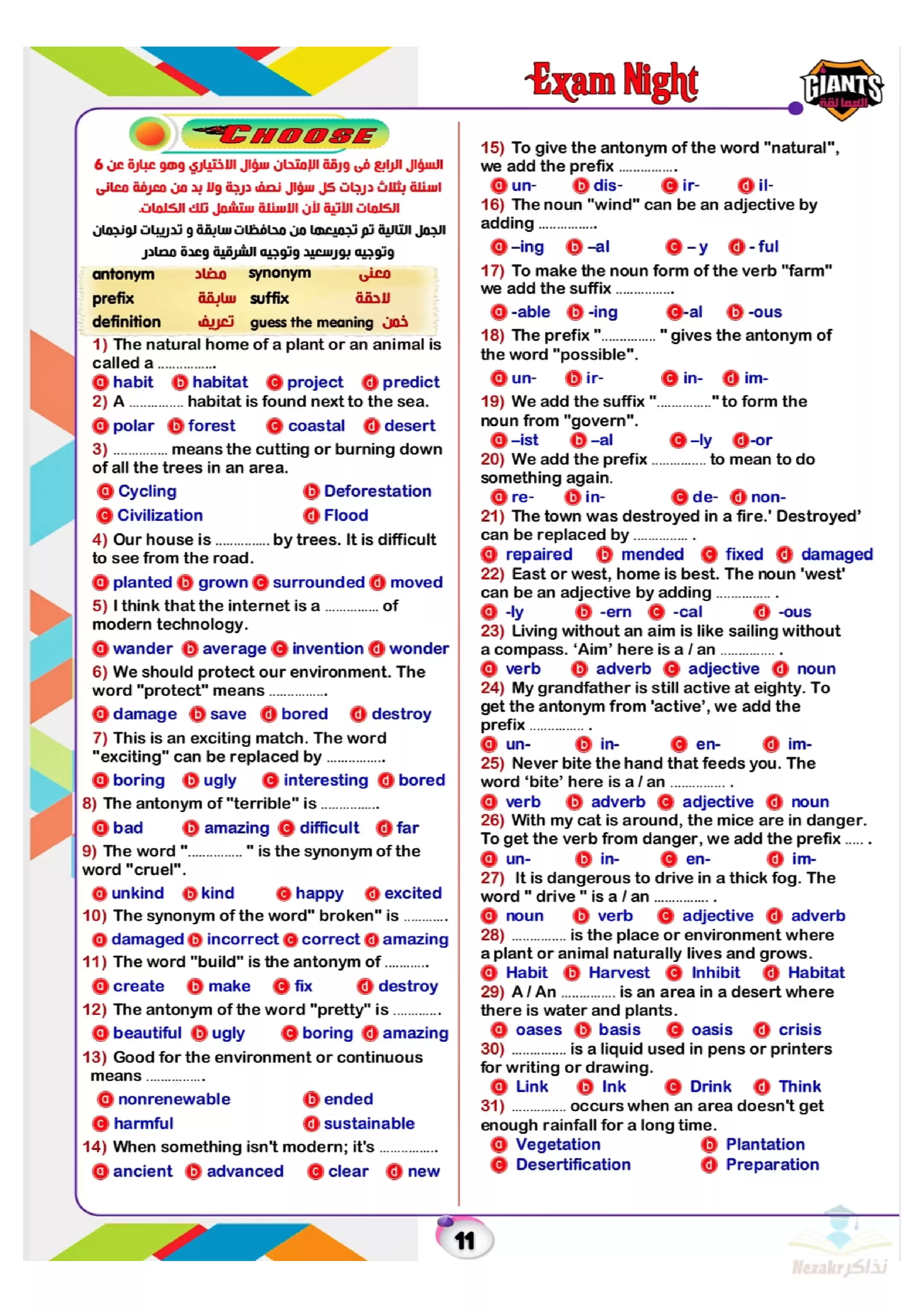 مراجعة ليلة الامتحان الشاملة في اللغة الإنجليزية ثالثة اعدادي الترم الثاني PDF بالإجابات