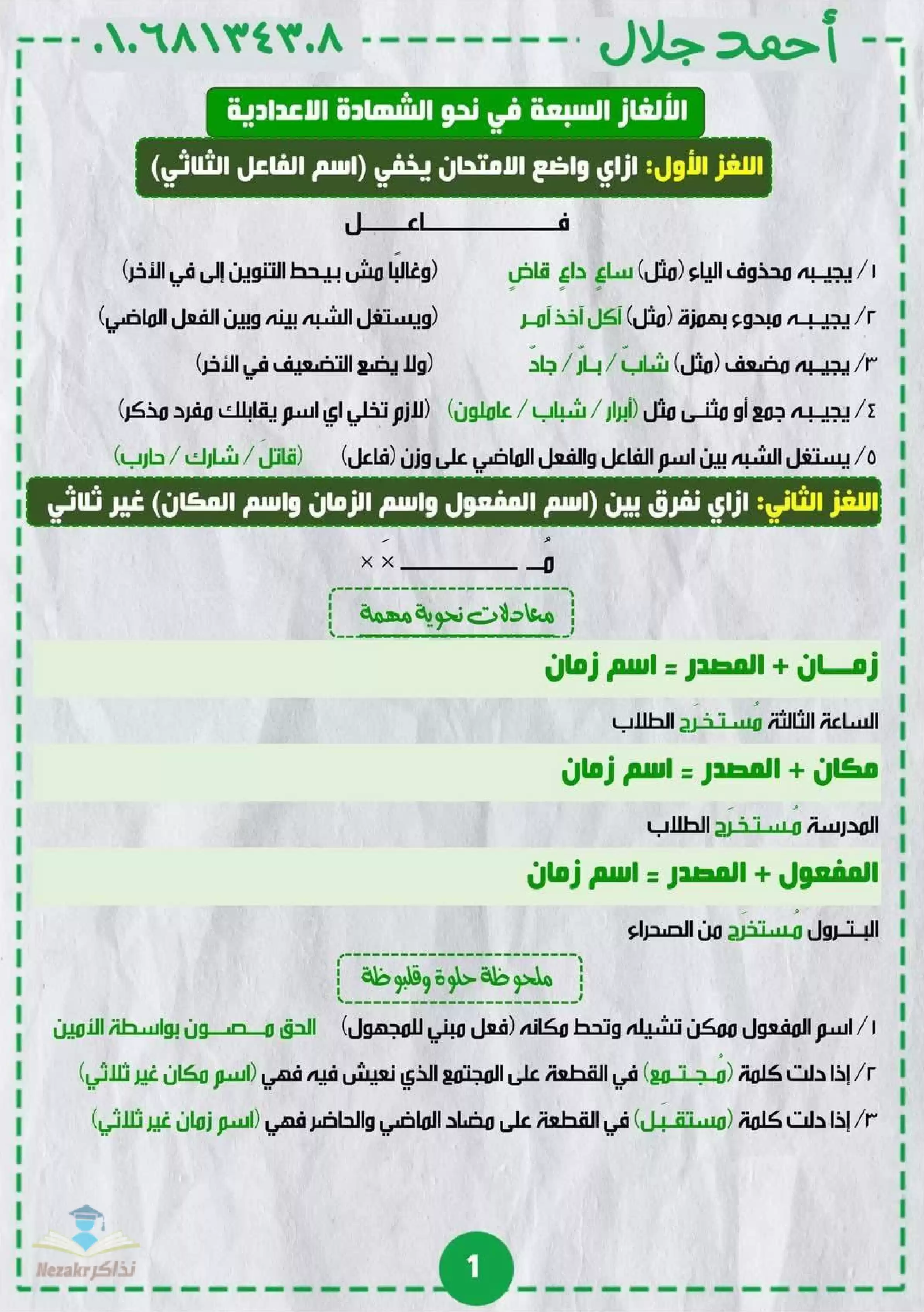 ملخص النحو في 11 ورقة فقط للصف الثالث الإعدادي الفصل الدراسي الثاني PDF