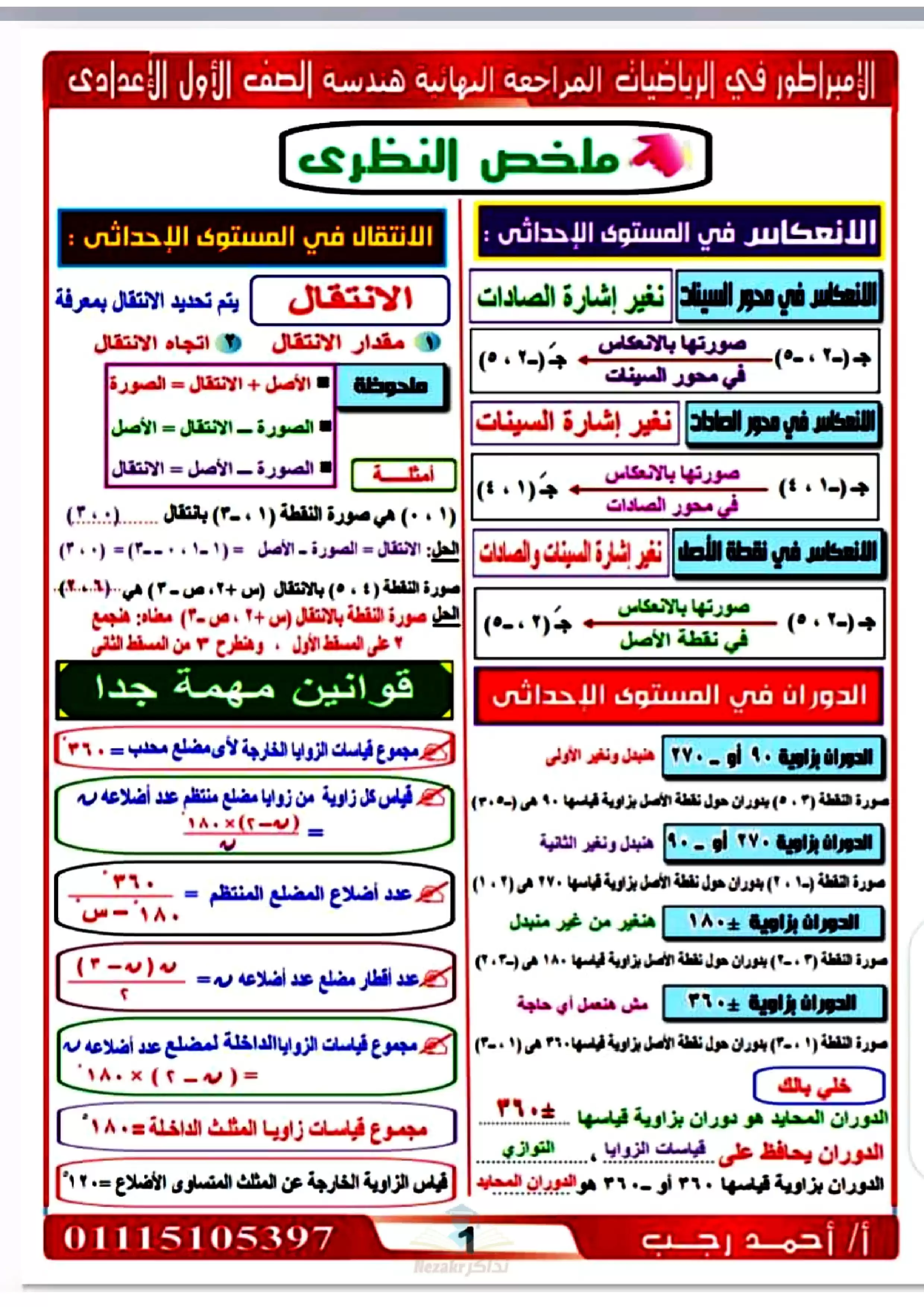 ملخص النظري وتجميع قوانين الهندسة للصف الأول الإعدادي الفصل الدراسي الثاني