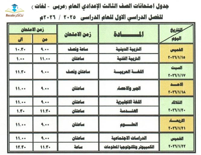 جدول امتحانات الشهادة الاعدادية دمياط