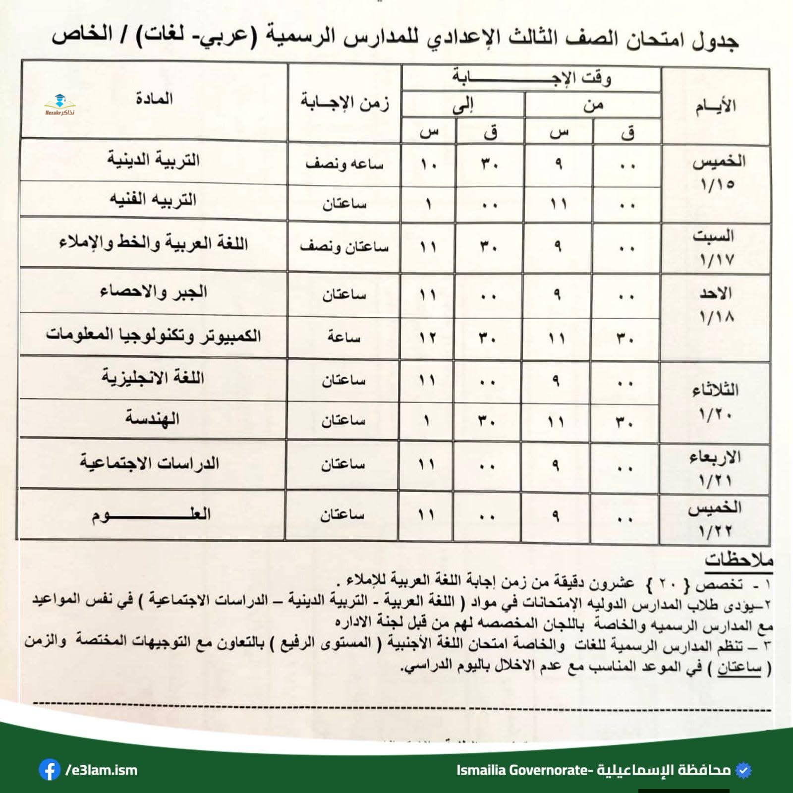 جدول امتحانات الشهادة الاعدادية الإسماعيلية